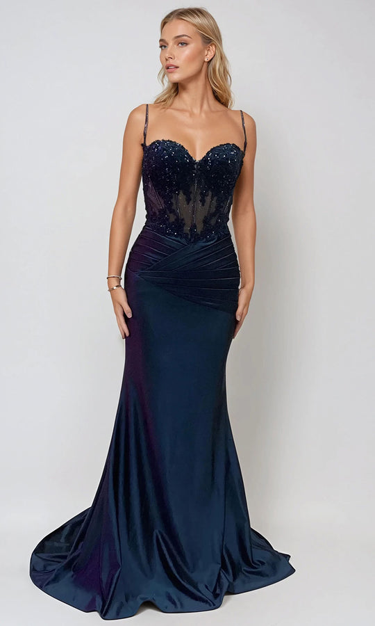 Juliet Dresses JT2531K - Lace-Up Back Pleated Waist Long Gown