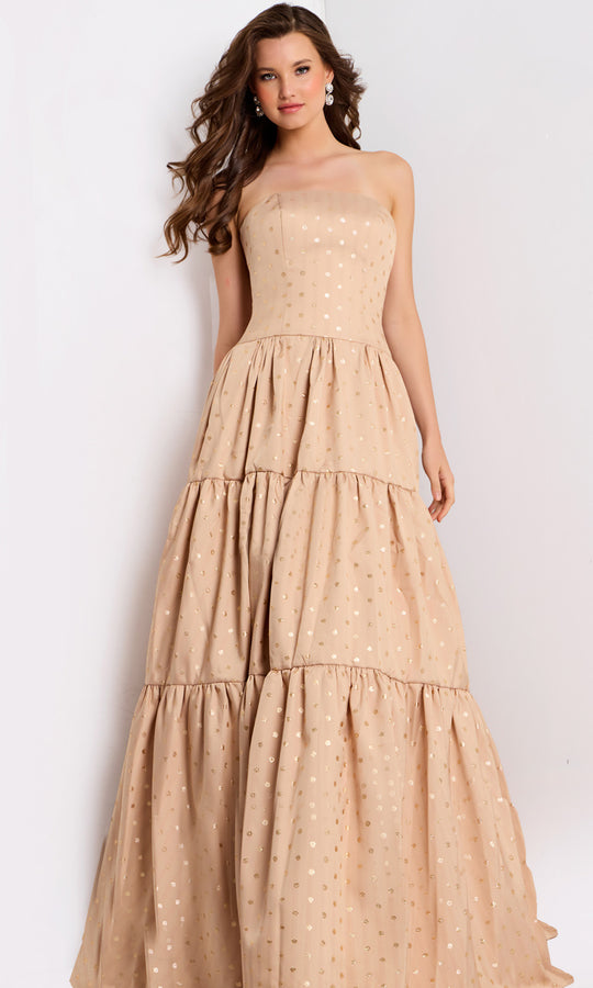Jovani 49341 - Gold Polka Dot Straight Neckline Dress
