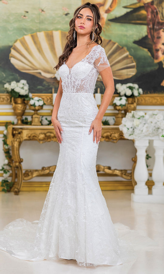 Dancing Queen Bridal 0302 - Short Sleeve Beaded Lace Mermaid Gown