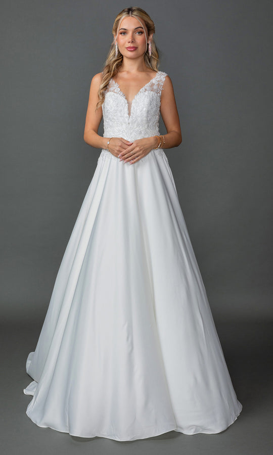 Dancing Queen Bridal 0326 - Embroidered Deep V-Neckline Satin Gown