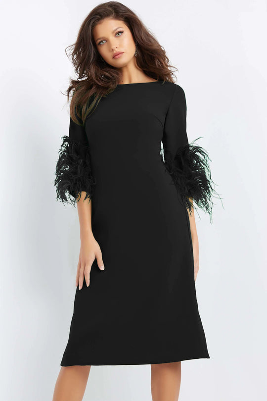 Jovani - 07341 Feather Fringed Quarter Sleeve Dress
