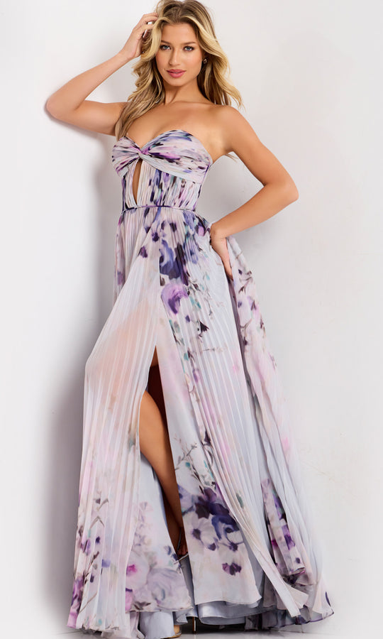 Jovani 42564 - Strapless Pleated Floral Prom Dress