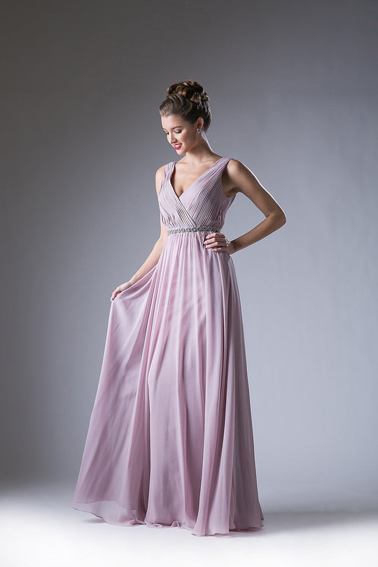 Ladivine 1001 - Adorned Surplice Pleated V-neck A-line Dress