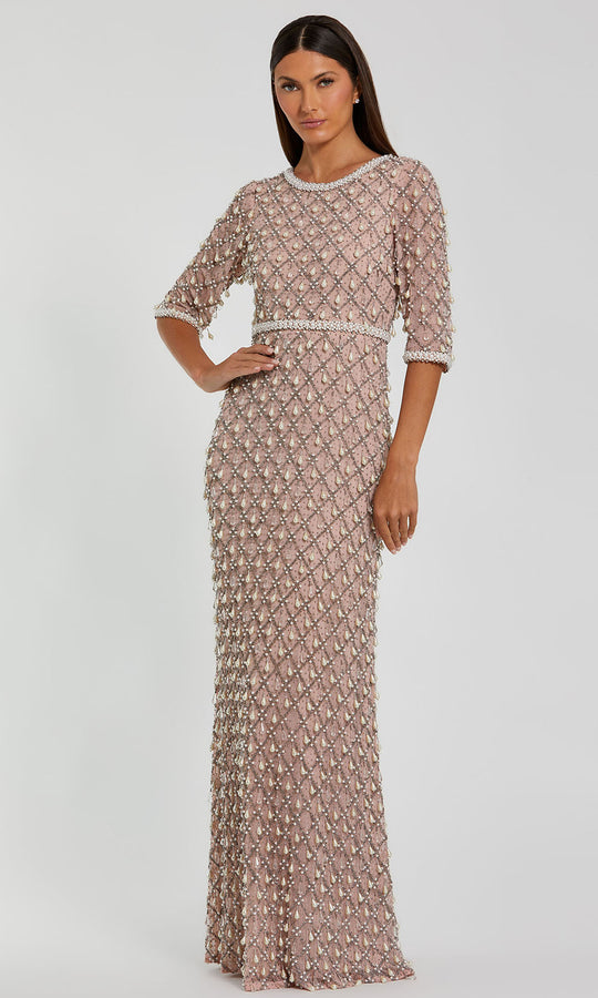 Mac Duggal 10099 - Jewel Neck Pearl Embellished Sheath Gown