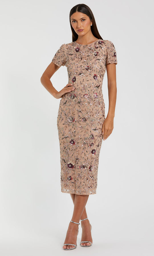 Mac Duggal 10102 - Floral Embellished Tea-Length Sheath Dress