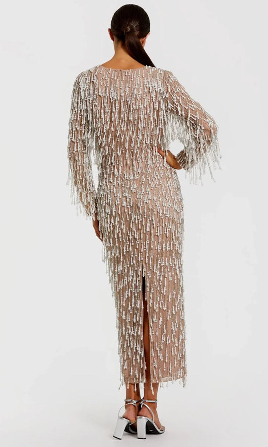 Mac Duggal 10120 - Beaded Fringe Long Sleeve Midi Dress