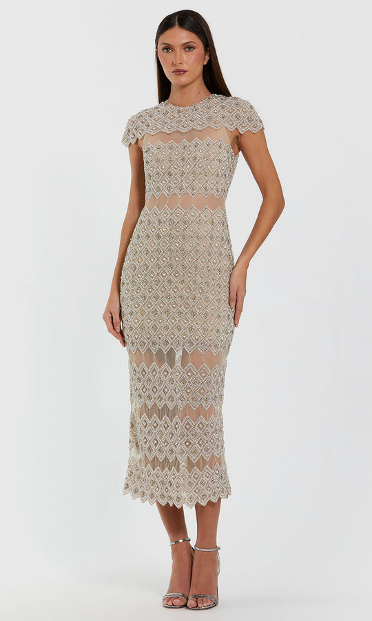 Mac Duggal 10147 - Geometric Beaded Illusion Panel Midi Dress