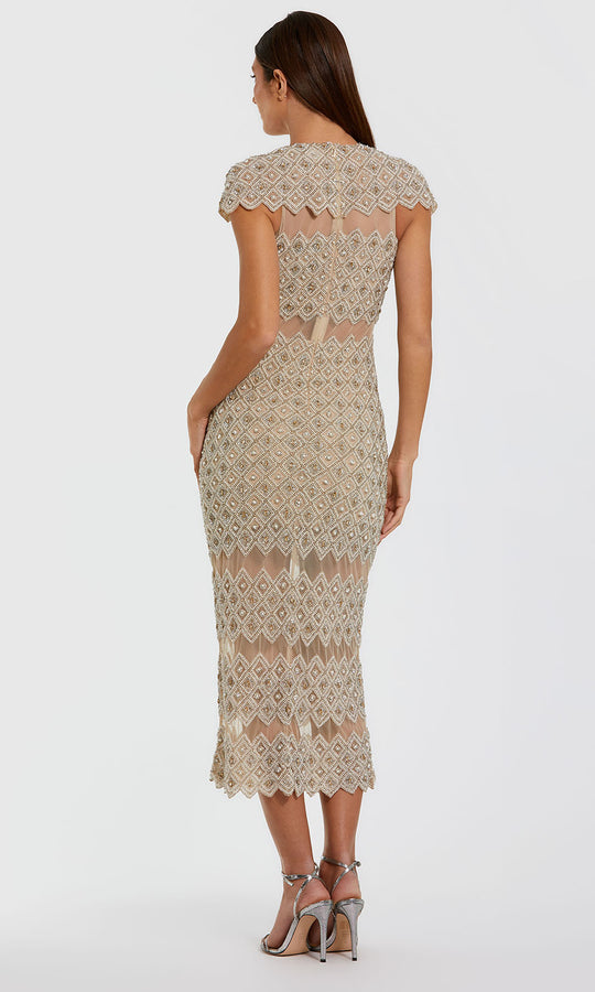 Mac Duggal 10147 - Geometric Beaded Illusion Panel Midi Dress