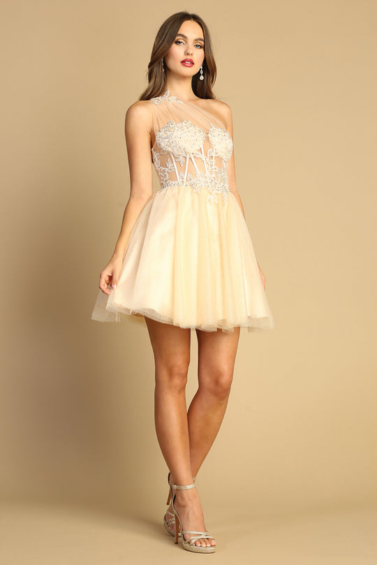 Adora Design 1040 - One Shoulder Applique Cocktail Dress