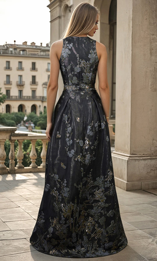 Janique 1048 - Halter Floral Textured Formal Gown