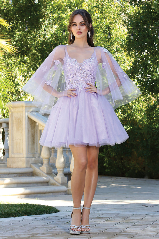 Adora Design 1053 - Butterfly Applique Illusion Cape Sleeve Dress