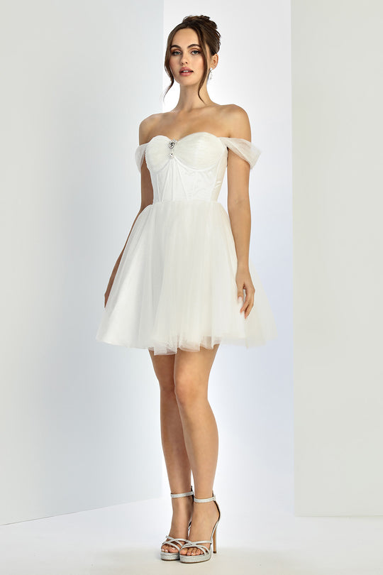 Adora Design 1060-01 - Off Shoulder Beaded Brooch Short Dress