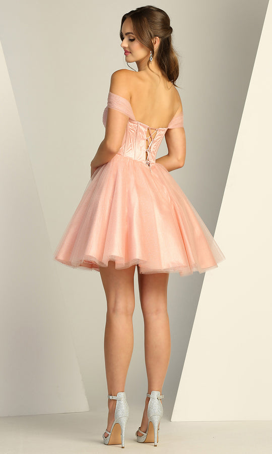 Adora Design 1060 - Off Shoulder Short Dress with Beaded Brooch