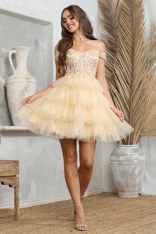 Adora Design 1061 - Floral Embroidered Ruffle Short Dress