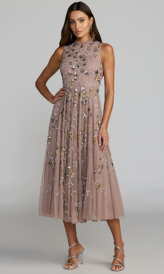 Mac Duggal 10815 - Sleeveless Floral Beaded Tea-Length Dress