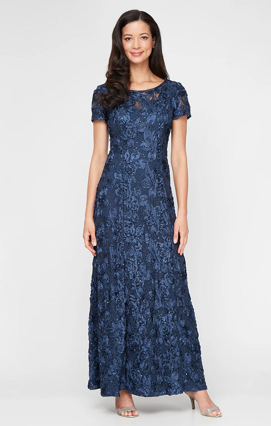 Alex Evenings - 212788 Rosette Lace Sequin Short Sleeve A-Line Gown