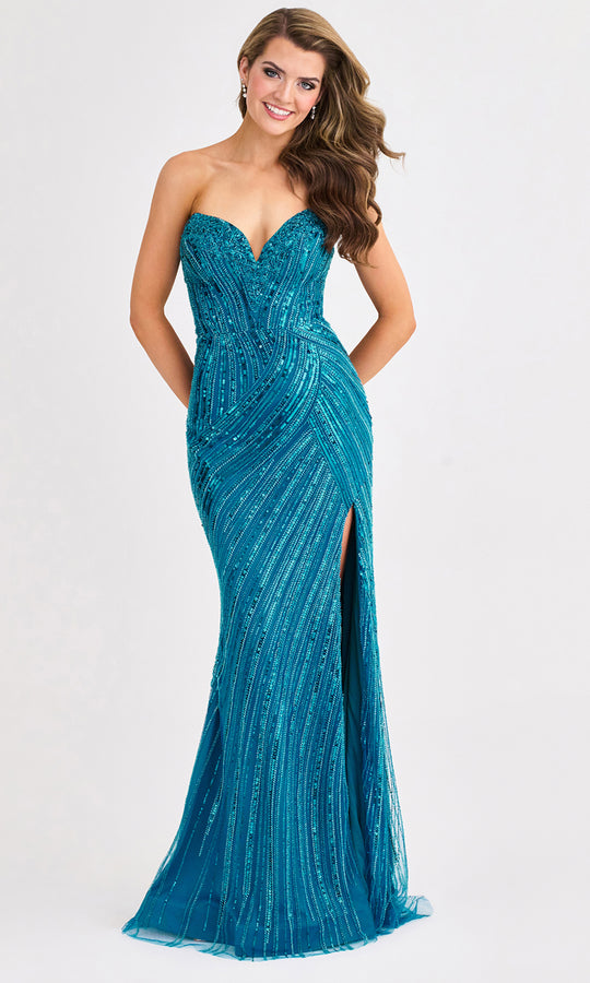 Faviana 11411 - Geometric Beaded V-Neck Long Dress