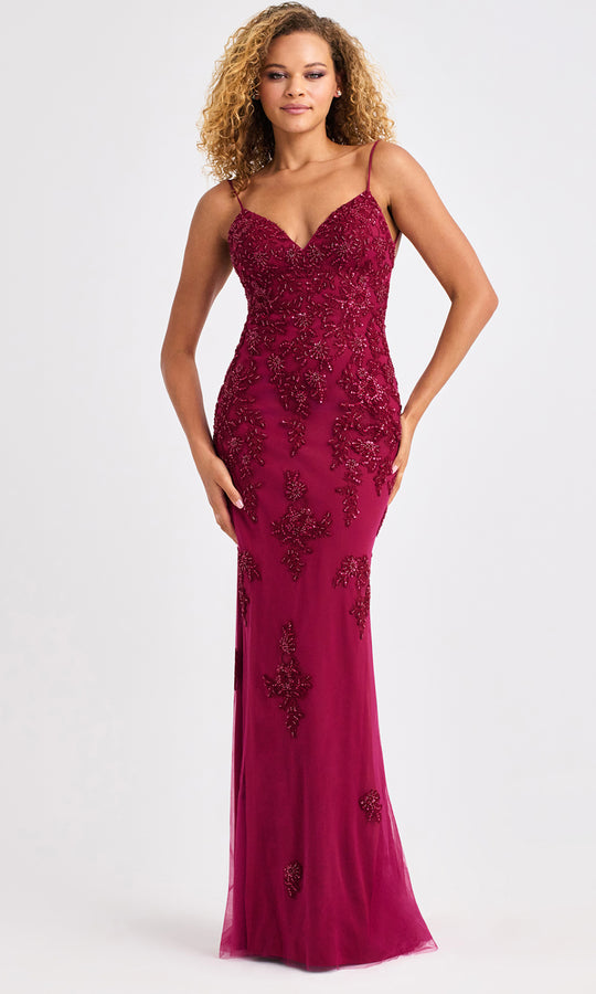 Faviana 11428 - Deep V-Neckline Beaded Tulle Gown