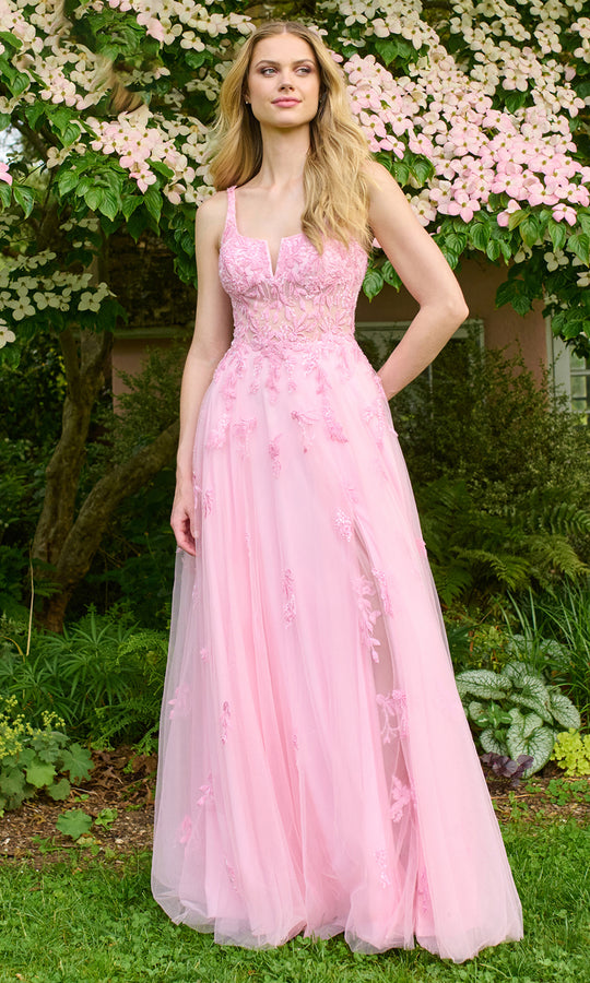 Faviana 11437 - Notch V-Neck Beaded Applique Dress