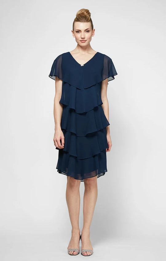 S.L. Fashions - V Neck Tiered Flounce Chiffon Dress 1175251