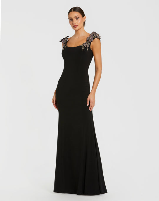 Mac Duggal 11842 - Floral Embellished Strap Sheath Long Gown In Black