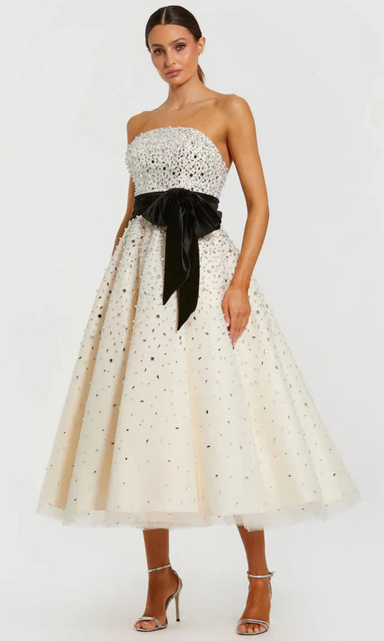 Mac Duggal 11983 - Strapless Tea-Length Beaded Tulle Dress