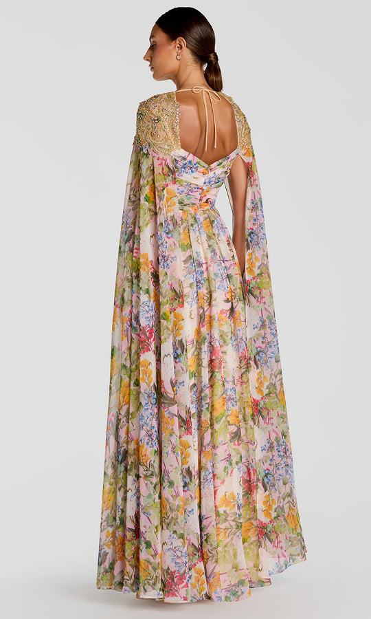 Mac Duggal 11990 - Floral A-Line Gown with Beaded Cape Sleeves