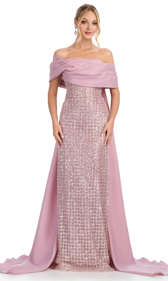 Ashley Lauren 12020 - Off Shoulder Organza Cape Evening Gown