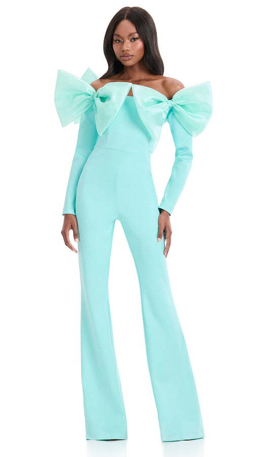 Ashley Lauren 12090 - Oversized Bow Detail Straight Neckline Jumpsuit