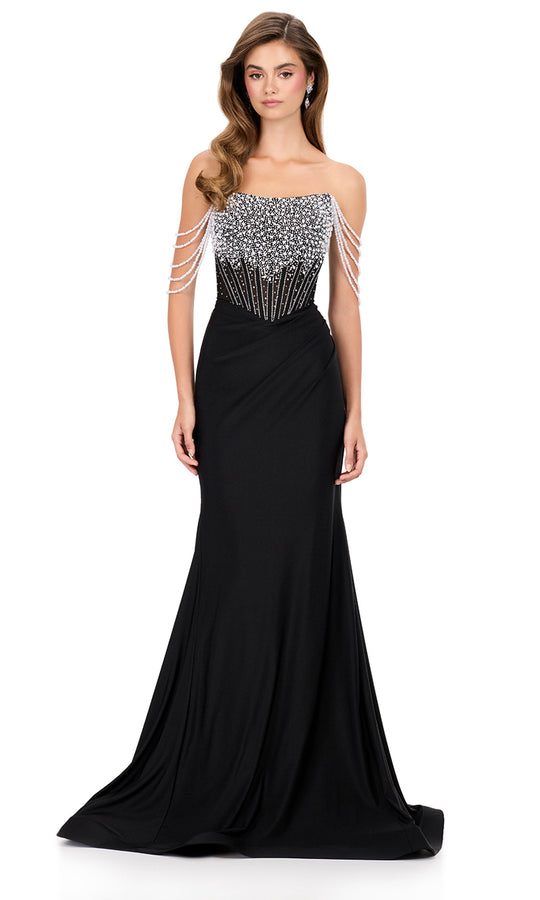 Ashley Lauren 12154 - Pearl Shoulder Sleeve Mermaid Dress