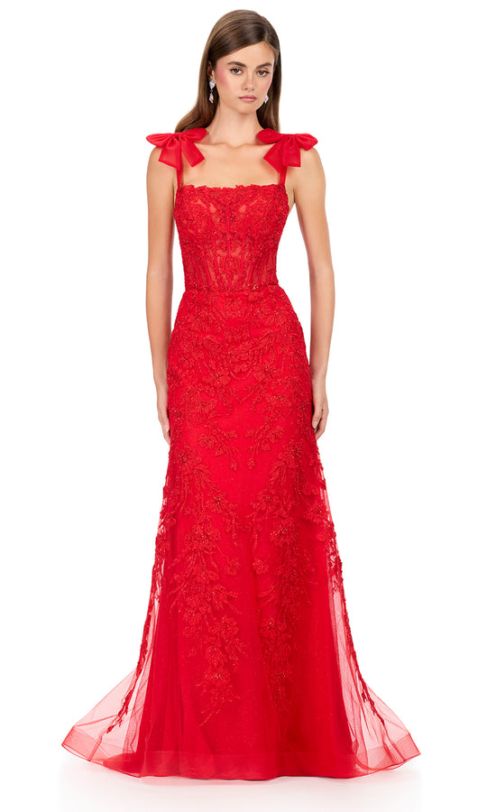 Ashley Lauren 12186 - Bow Strap Lace Embroidered Gown