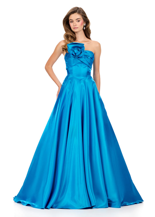 Ashley Lauren 12199 - A-Line Satin Rosette Evening Gown In Blue