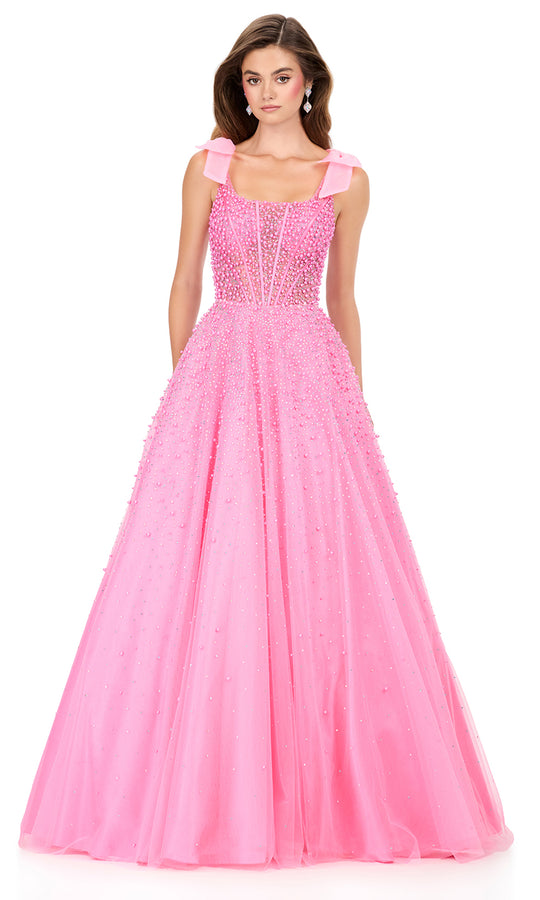 Ashley Lauren 12204 - Shoulder Bow Strap Pearl Beaded Dress