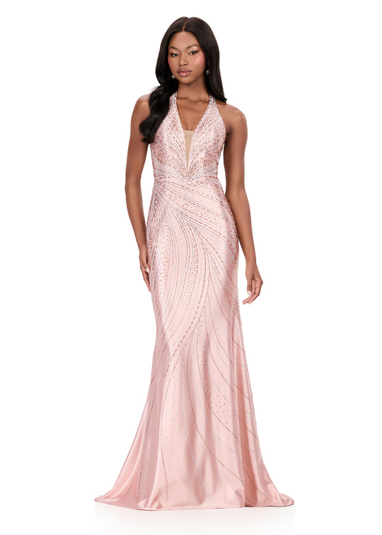 Ashley Lauren 12206 - Plunging Halter Bead Embellished Long Gown In Neutral