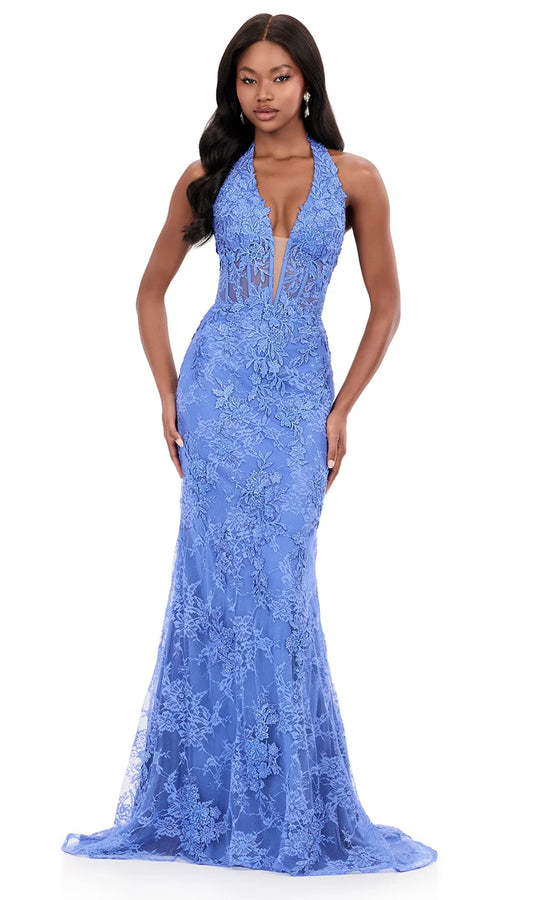 Ashley Lauren 12251 - Floral Lace Applique Halter Prom Gown