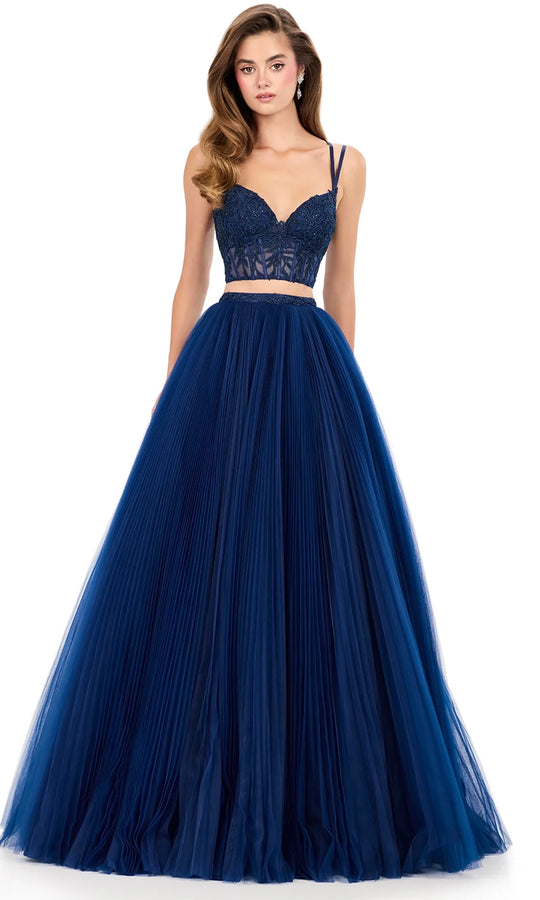Ashley Lauren 12259 - Lace Crop Top Pleated A-Line Gown