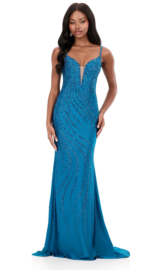 Ashley Lauren 12269 - Swirl Beaded Spaghetti Strap Prom Dress