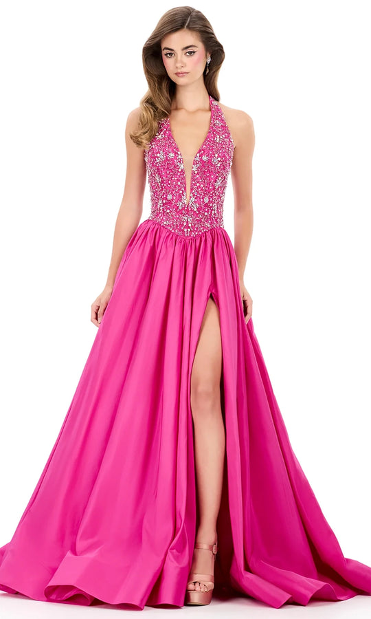 Ashley Lauren 12299 - Beaded Bodice Plunging Halter Ballgown