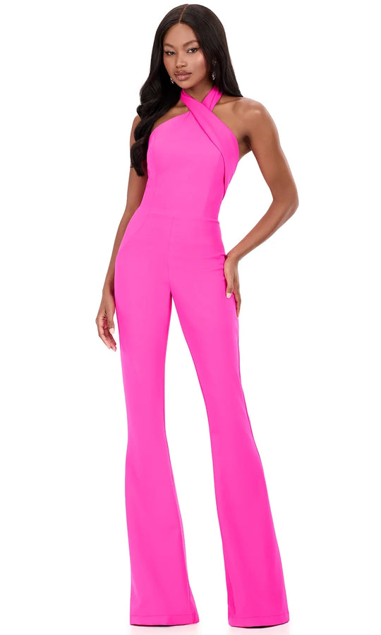 Ashley Lauren 12302 - Cross Halter Flared Leg Jumpsuit