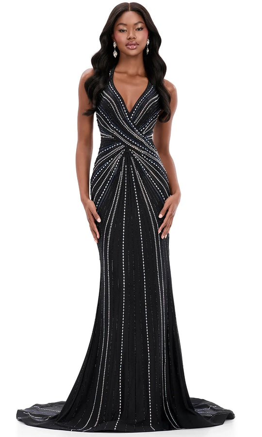 Ashley Lauren 12327 - Fully Beaded Plunging Halter Jersey Dress