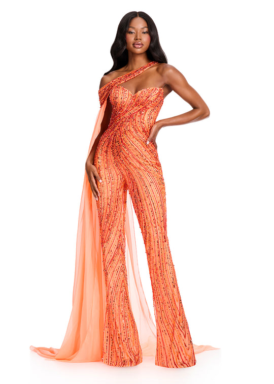 Ashley Lauren 12439 - Chiffon Cape Beaded Sweetheart Jumpsuit