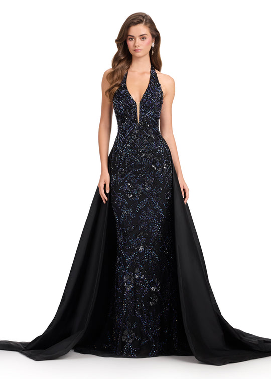 Ashley Lauren 12440 - Beaded Halter Taffeta Overskirt Prom Gown