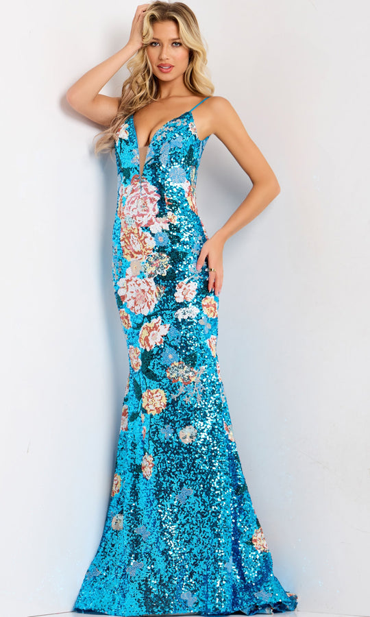 Jovani 48637 - Floral Sequin Mermaid Sleeveless Gown