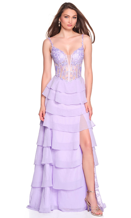 Dave & Johnny 12680 - Tiered Floral Embroidered Slit Gown