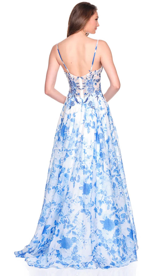 Dave & Johnny 12684 - Printed Chiffon V-Neckline Slit Dress