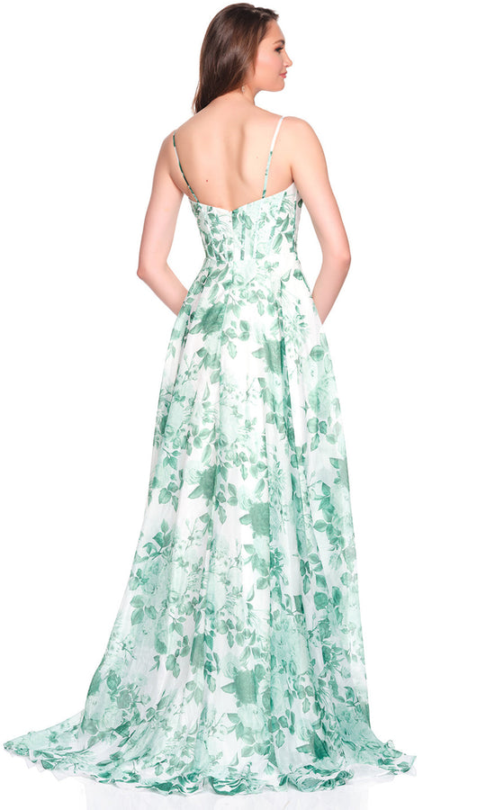 Dave & Johnny 12694 - Floral Print Plunging A-Line Prom Gown
