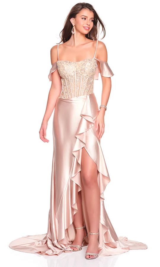 Dave & Johnny 12718 - Ruffe Accent Cold Shoulder Prom Dress