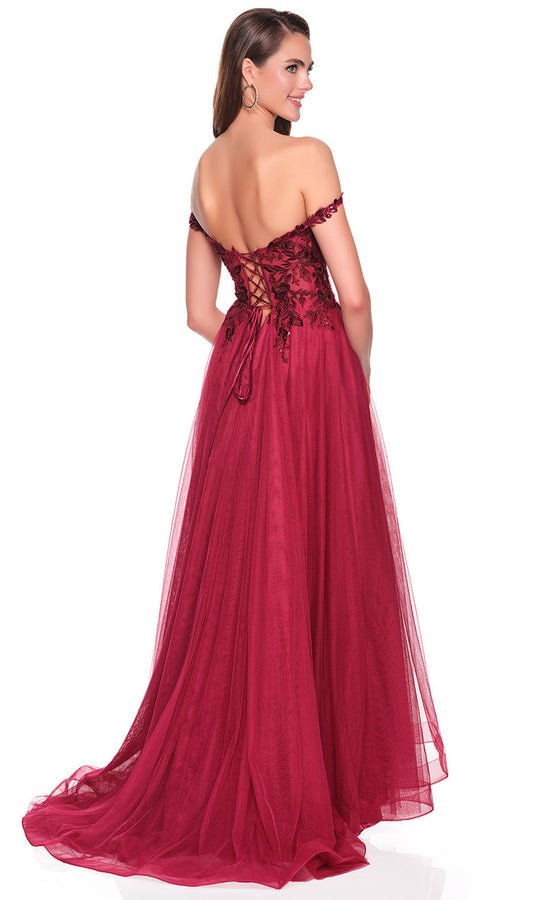 Dave & Johnny 12808 - Embroidered Floral Tulle Ballgown with Slit