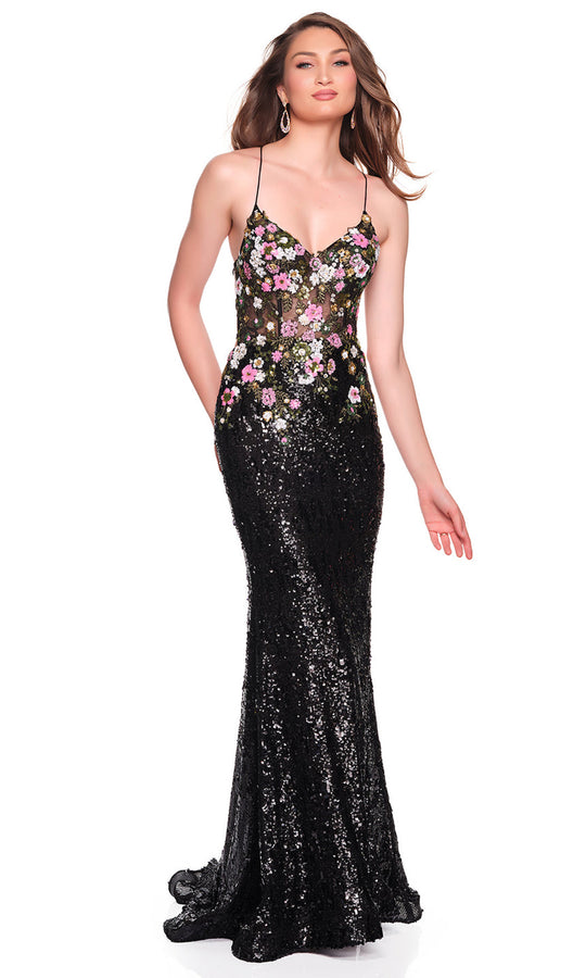 Dave & Johnny 12852 - Floral Sequin Strappy Back Prom Dress
