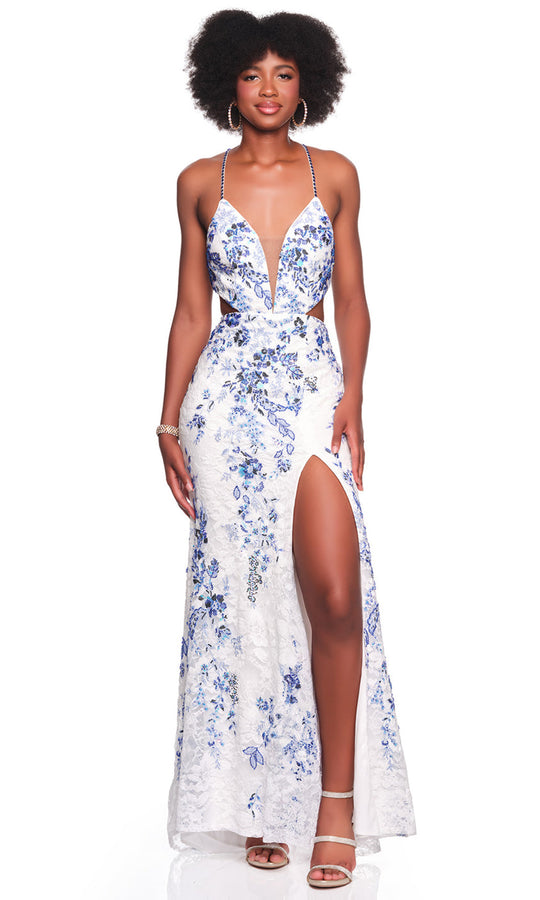 Dave & Johnny 12878 - Floral Lace Beaded Plunging Prom Dress